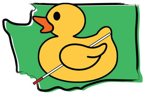A yellow rubber duck with a white cane tucked under its wing. There is a green map of Washington State behind the duck.