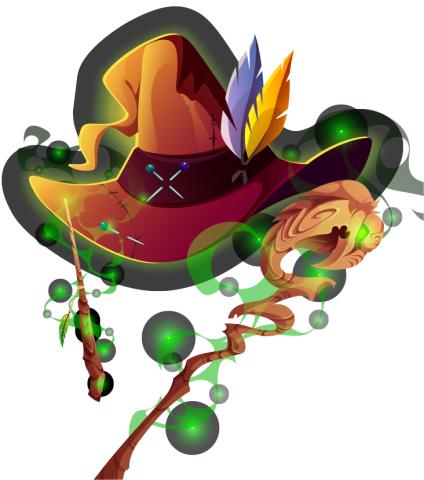 Stylized illustration of a wizard's hat, want, and staff.