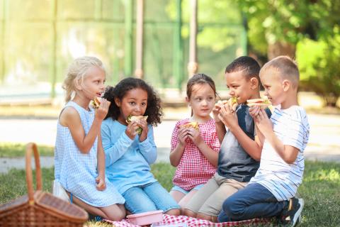 Five children eating sandwiches at a picnic.