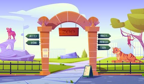 Animated zoo entrance with signs pointing to different animal exhibits. A hyena, a tiger, and a monkey can be seen in the background.
