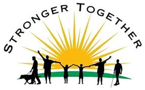 White background with a beaming sun in the middle of the logo, above the sun is the words STRONGER TOGETHER is a semi circle and in front of the sun are black silhouette figures from left to right being a guide dog user, a family of 4 holding hands and to the right is a cane user. 
