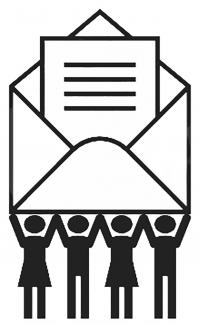 A line of stick people holding a giant email icon over their heads. The email icon looks like an envelope with a letter poking from the top.
