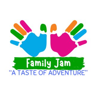 Two multi-colored handprints above the words "Family Jam A Taste of Adventure."