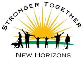 Conference logo showing a yellow sun in the background rising over a green hill.  Six people are in front of the hill, one is walking with a guide dog, another is walking with a white cane and the rest are holding hands all are black silhouettes. Curved over the sun reads Stronger Together. Under the people reads New Horizons.