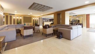 The lobby of an upscale hotel.