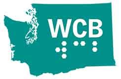 Washington Council of the Blind logo showing a green outline of the State of Washington containing upper case letters W C B. The braille dots for each letter are underneath each letter.