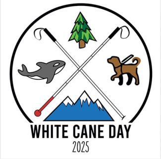 WCSD 2025 logo showing crossed white canes separating a circle into 4 sections with an image in each. Images, clockwise from top are a pine tree, guide dog, mountain range, and an orca.