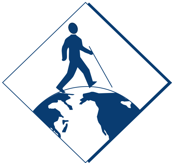 Department of Services for the Blind logo showing an individual with a cane walking on the surface of the globe.