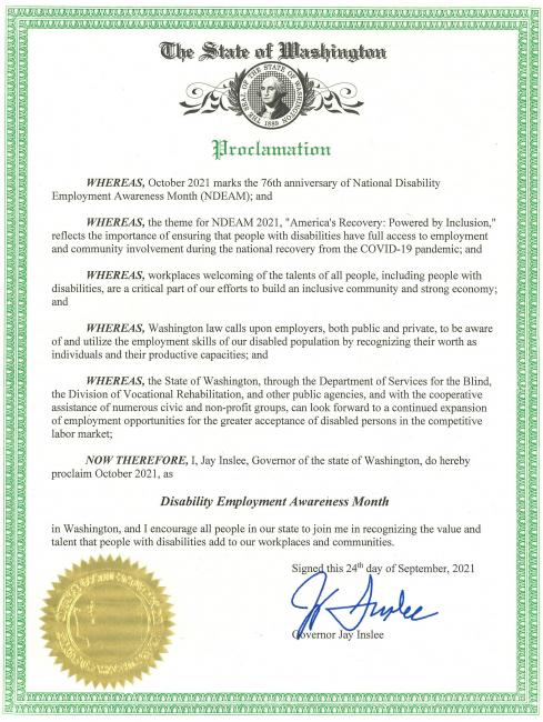 NDEAM Proclamation signed by Governor Jay Inslee.  The proclamation features the seal of the state of Washington on the top and an embossed gold seal of the office of the Governor at the bottom.  The entire proclamation has a green border.
