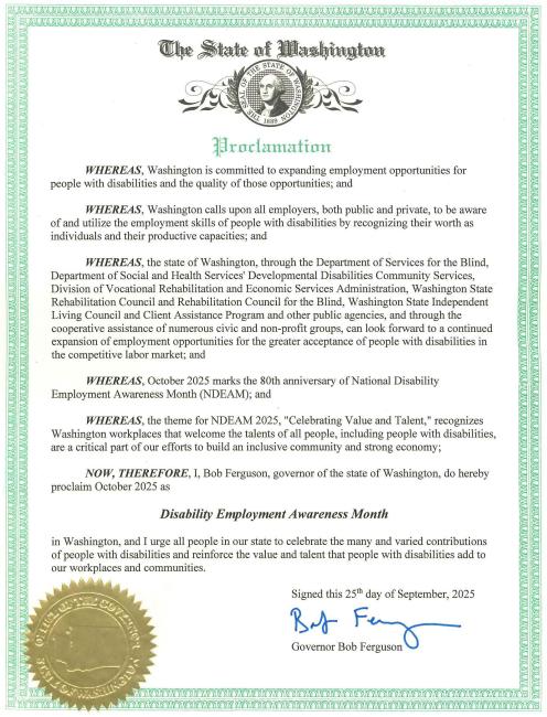 State of Washington Proclamation for National Disability Employment Awareness Month.