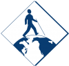 Department of Services for the Blind logo showing an individual with a cane walking on the surface of the globe.