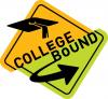 A graphic of a road-type sign stating “College Bound”